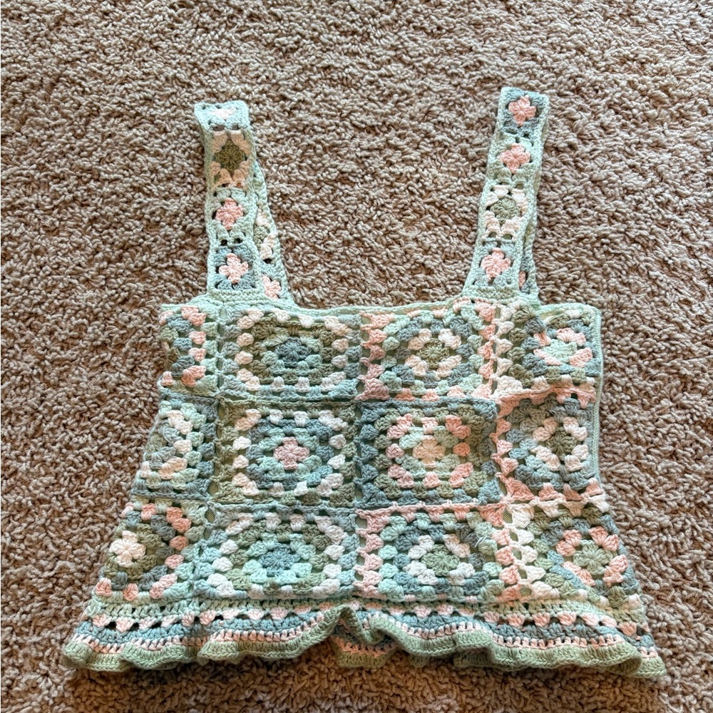 American Eagle Outfitters Mint and Pink Crochet Top